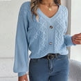 thumbnail image 6 of Cable Knitted Sweaters for Women Long Sleeve V Neck 3 Button Solid Tunic Pullover Tops Trendy Jumper Fall 2025 Blue,L, 6 of 6
