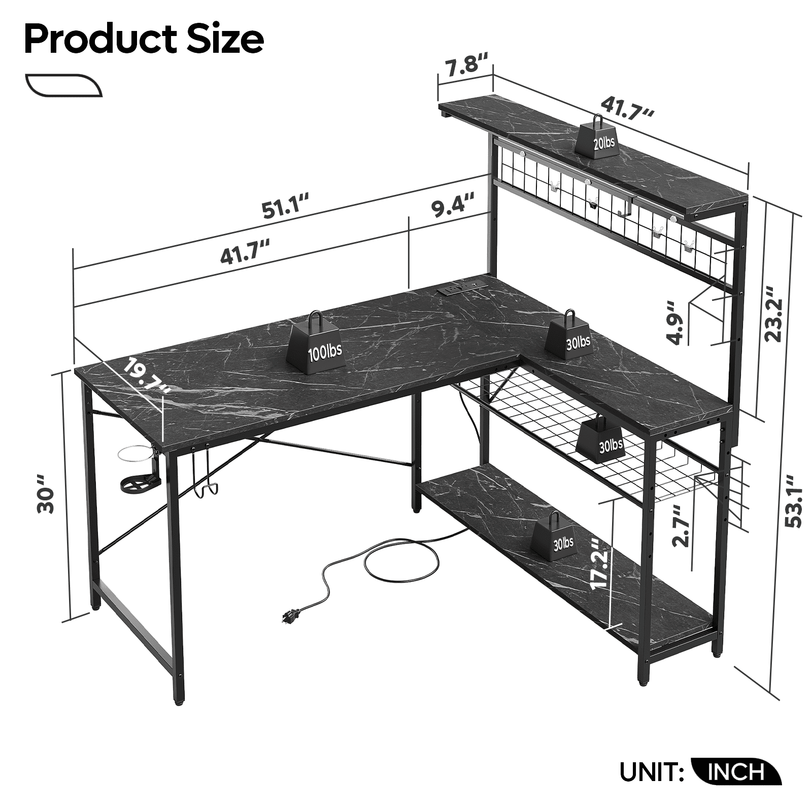 Bestier 51 L Shaped Gaming Desk with Power Outlets, LED Workstation with 4 Tiers Shelves for Home Office, Gamer Reversible Table with Hooks and Cup Holder, Black Marble