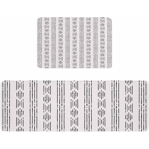 Kitchen Rugs and Mats,Boho Black White Stripe 2 Piece Anti Fatigue Area Runner Rug Set Comfort Standing Floor Mat,Retro Farmhouse Geometric Art Non Slip Absorbent Doormats for Laundry/Bathroom
