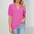 thumbnail image 3 of Uootdi Blouses for Women Dressy Casual Short Sleeve V Neck Eyelet Knit Puff Sleeve Loose Fit Office Commute Tops Gift, 3 of 7