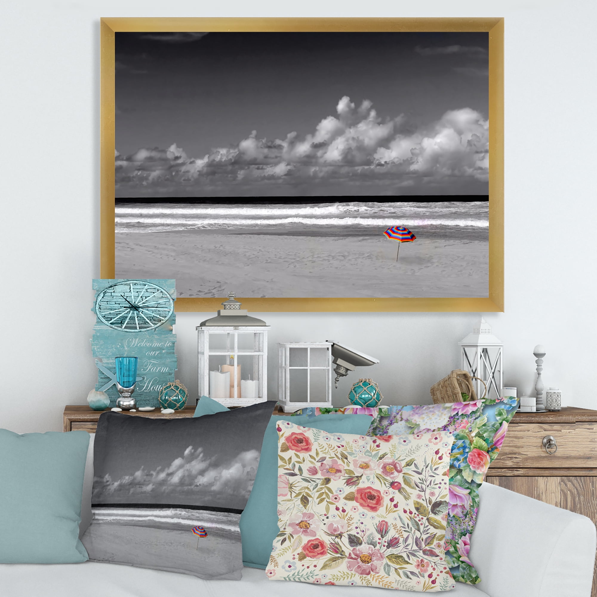 Designart 'Black and White Coastline Under Cloudy Sky' Lake House Framed Art Print