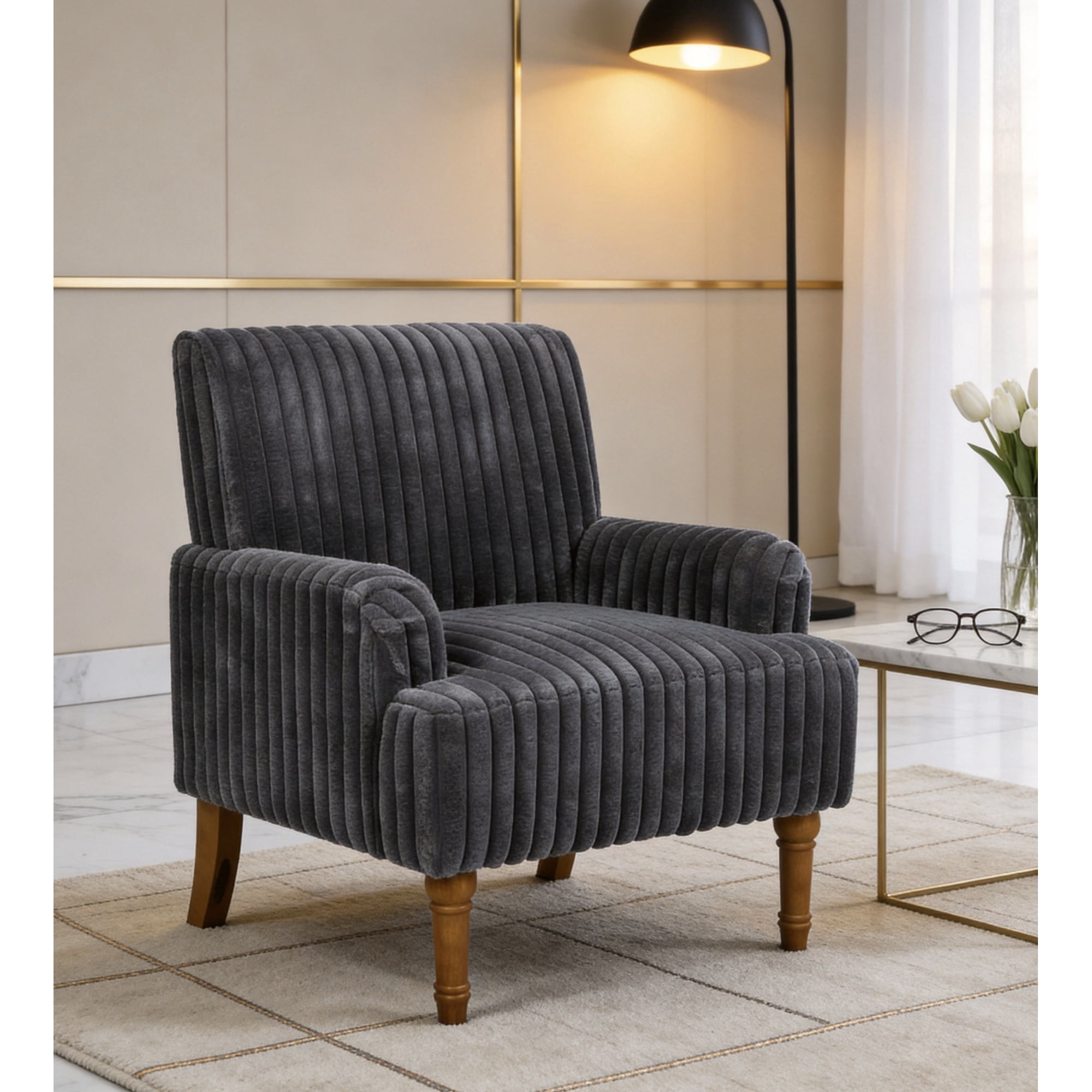 Jopath Modern Accent Chair with 2" Wide Wale Corduroy, 9" Solid Wood Legs, Comfortable Upholstered Armchair for Living Room Bedroom Reading Room Dark Gray