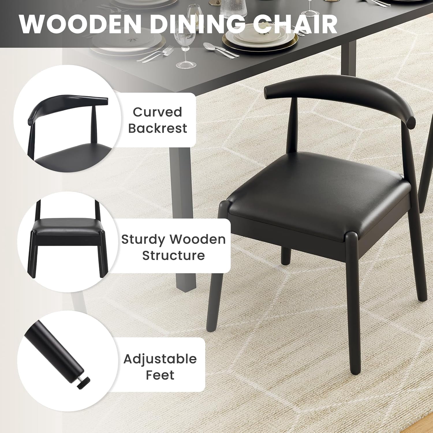 Farini Mid-Century Dining Chairs Set of 2, Solid Wood Frame & PU Leather Upholstered Seats, Black