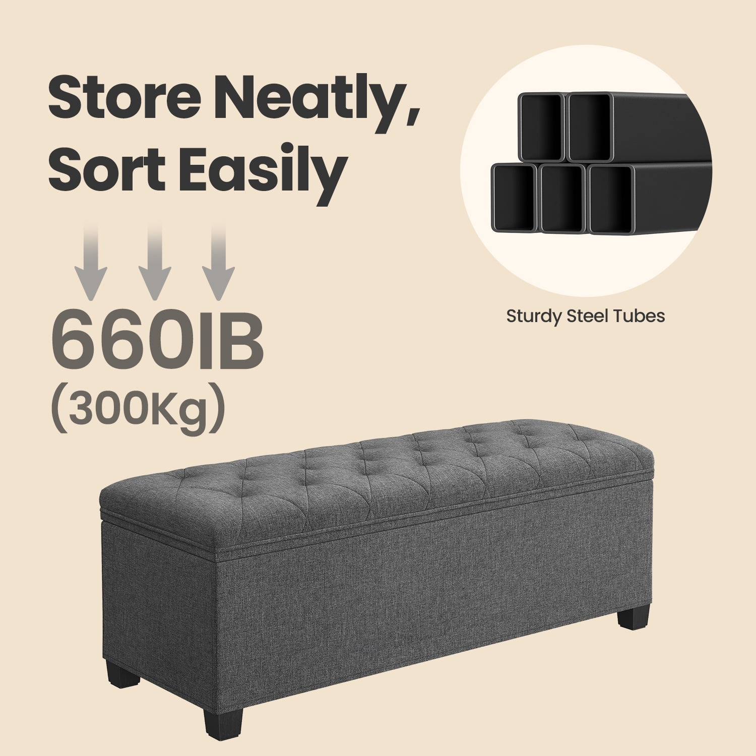 LEDREM Storage Ottoman Bench, 43" End of Bed Bench with Removable Cover, 660lb Capacity, for Living Room, Bedroom, Dark Gray
