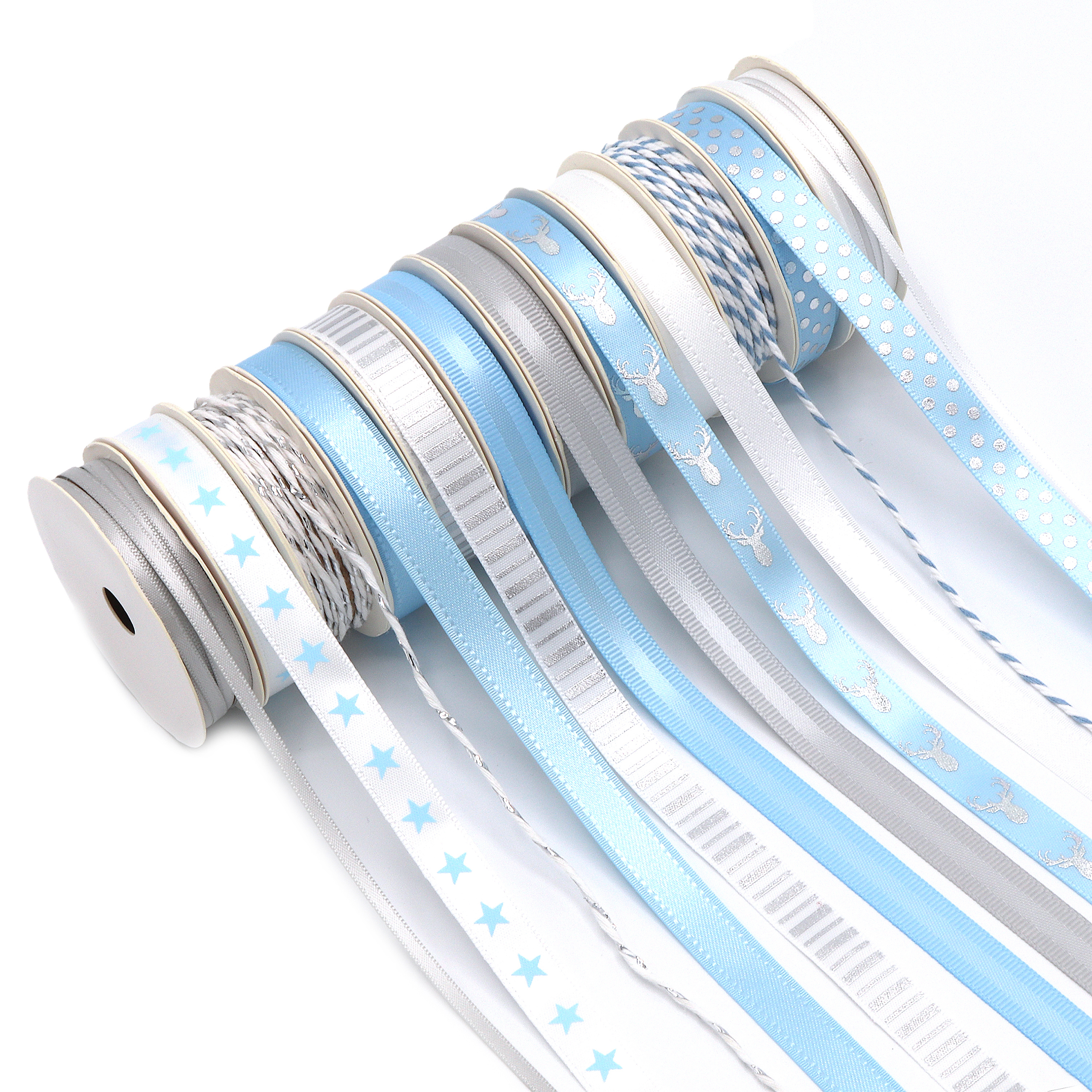 Silver and Blue Holiday Ribbon, 24 Spools, 48 Yards by Gwen Studios