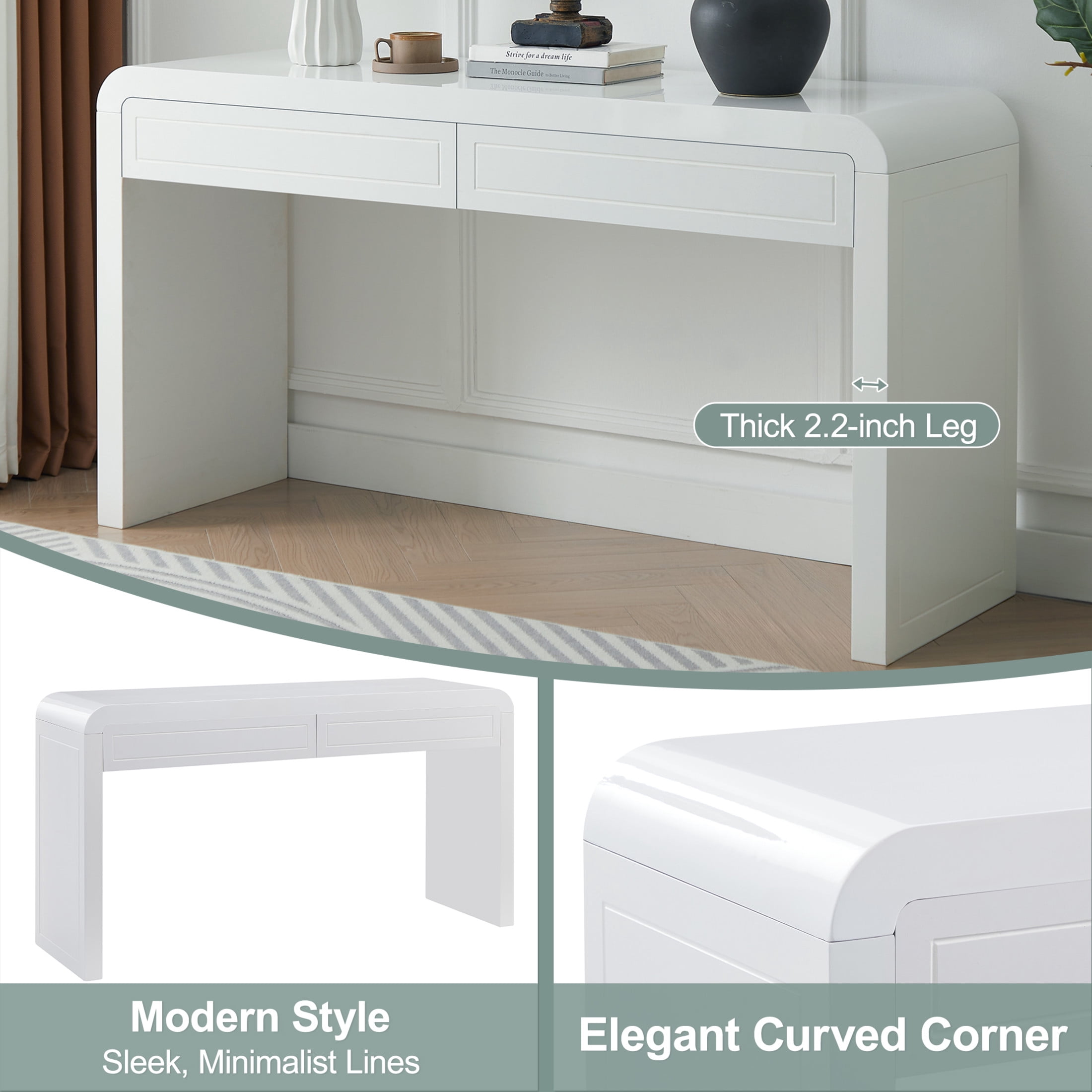 Christopher Knight Home 59.8" Modern Curved Console Table, MDF Entryway Storage Table with 2 Drawers, White