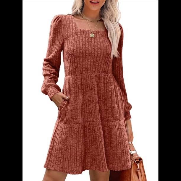 Vestido Estilo Babydoll Informal de Otoño con Cuello Cuadrado y Larga para Mujer. Rojo Ladrillo L