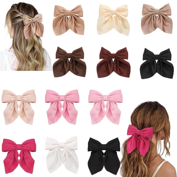12 Pack Satin Bow Hair Clips Multi Color Large Hair Bows Cute Hair Accessories for Women Girls