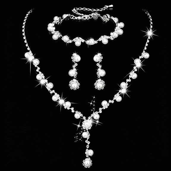 DESIGNICE Silver Pearl Bridal Wedding Jewelry Set Rhinestone Necklace Earrings Bracelet Sets Formal Costume Jewelry for Women and Brides
