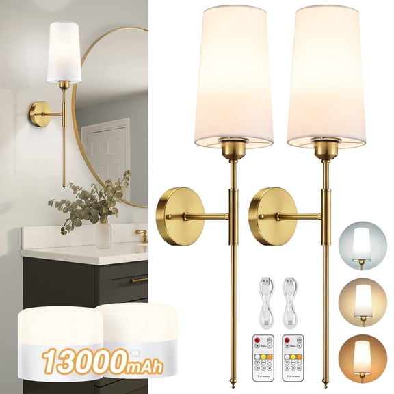 Wall Sconces Set of 2, 13000mAh Battery Powered Rechargeable Wall Sconces with Remote, Dimmable Wireless Wall Lights 3 Color Temperature Wall Lamps for Bedroom Living Room Night Light