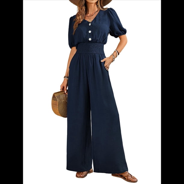 Mono de Mujer de Corta con Cuello en V, Elegante, Informal, con Pierna y Pantalones. Azul Oscuro S