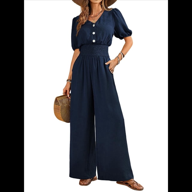 Mono de Mujer de Corta con Cuello en V, Elegante, Informal, con Pierna y Pantalones. Azul Oscuro M