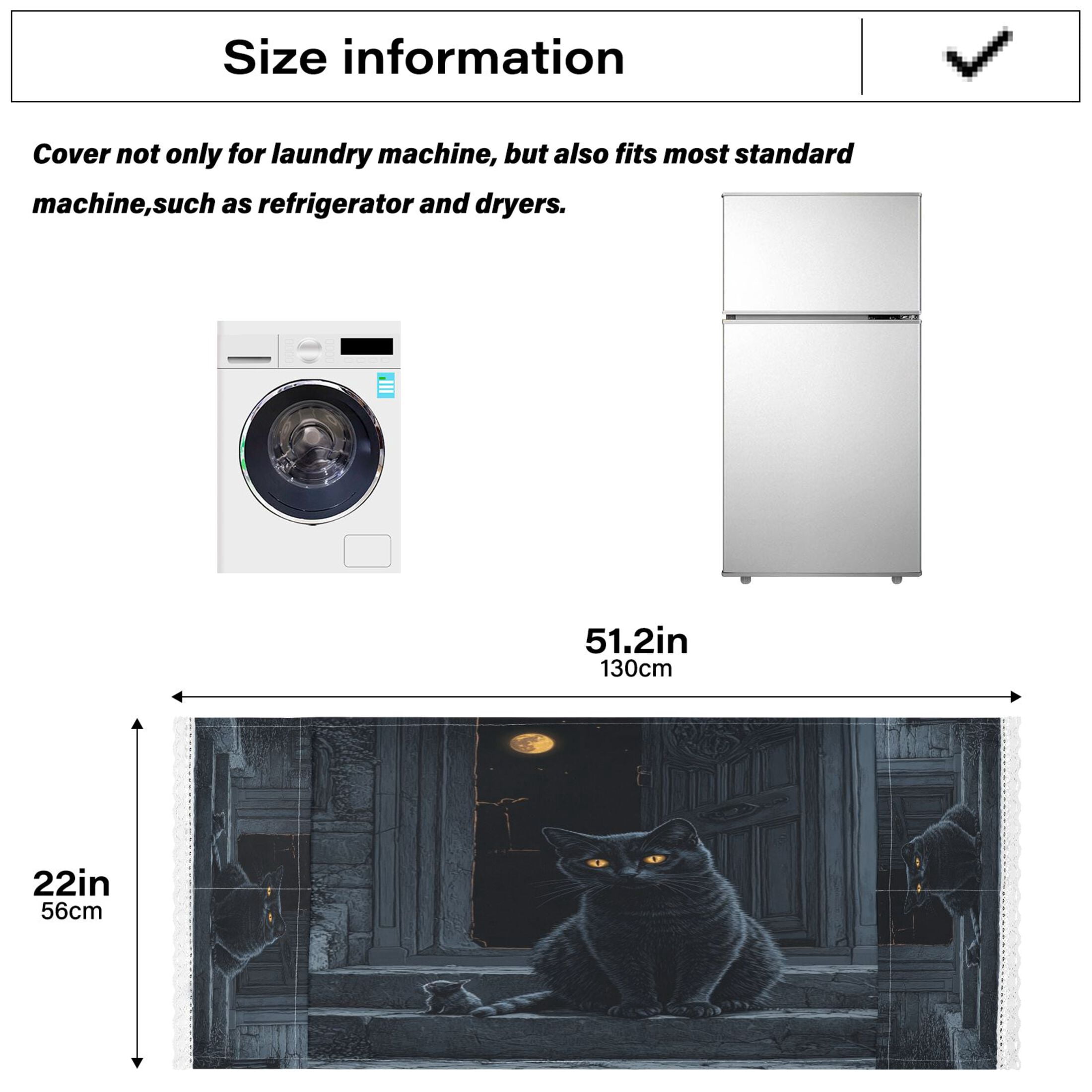 Washing Machine Cover 51.2x22in, Durable Polyester Dust Cover with Lace Trim and Side Pocket for Appliances Black Cat Guard