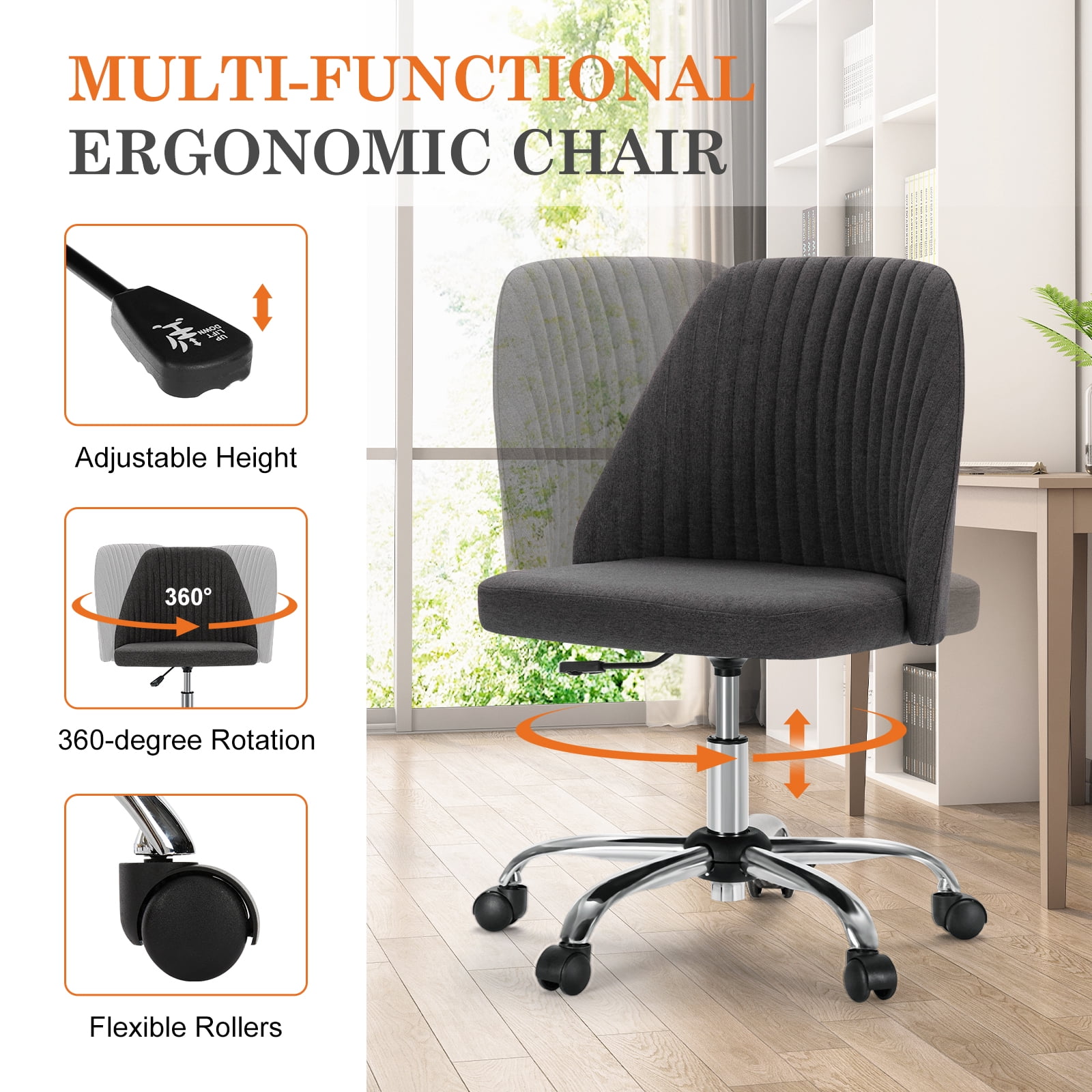 MAYEERTY Armless Office Desk Chair Height Adjustable ,Mid Back Accent Chair, Dark Grey