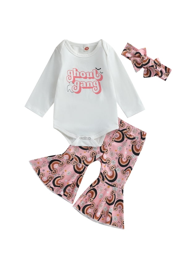 Infant Baby Girl Halloween Clothes Set Ghoul Gang Long Sleeve Romper Tops Pumpkin Flared Pants 3Pcs Fall Outfit