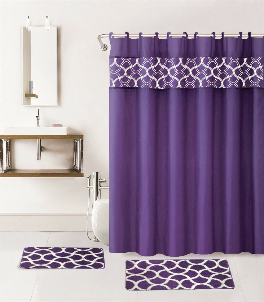 Lisa Purple Diamond 18-Pc Bath Set Bath Rug Shower Curtain Chrome Hooks 3 Towels 