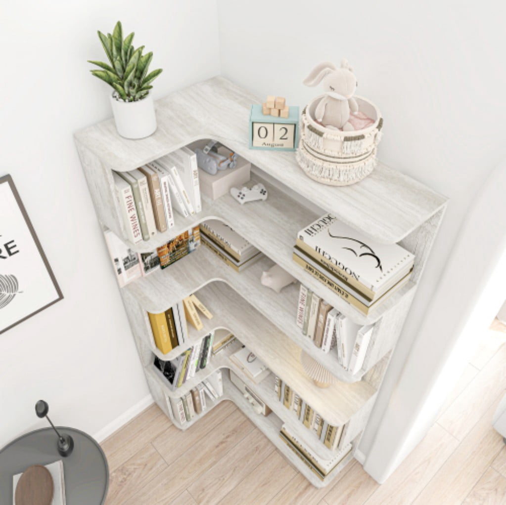5-Tier L-Shaped Corner Bookshelf, 35.43" Freestanding Wooden Bookcase with Anti-Drop Panels & Anti-Tip Device, Open Display Storage for Living Room, Bedroom & Home Office, Light Gray