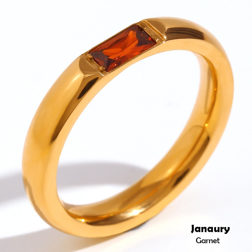Stainless Steel Plated 18K Gold Rectangular Zircon Birthstone Ring for Women Sizes 6 7 8 Simple Elegant Design