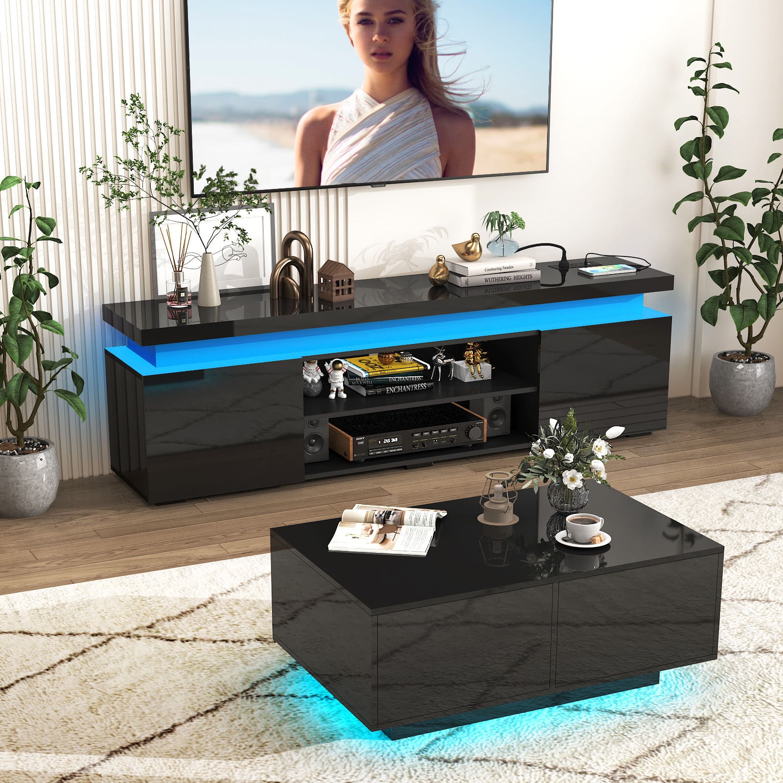 LED TV Stand for TVs up to 75" with Power Outlets, 66" High Gloss Gaming Entertainment Center Media Console with Sound Bar Shelf