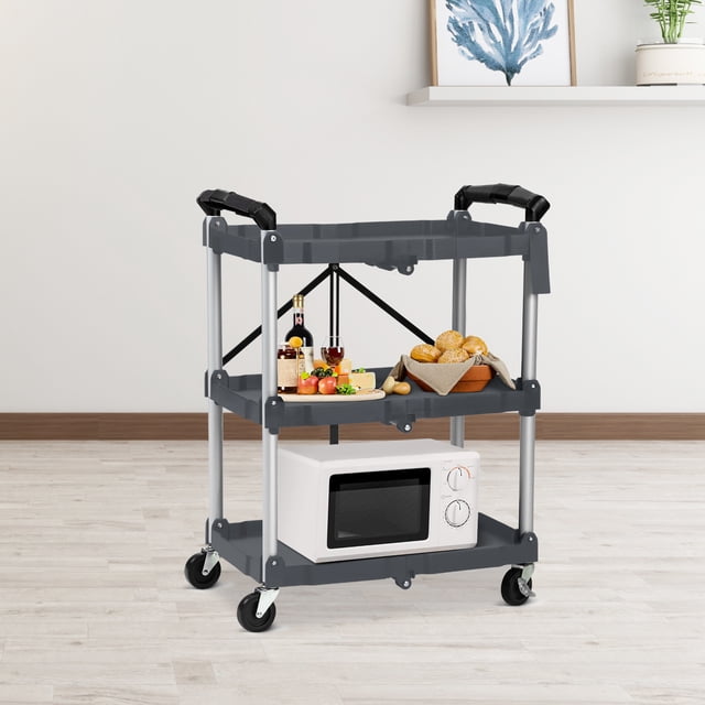 3 Tier Foldable Utility Cart with Lockable Wheels, 23x15x33 Inch Portable Storage Organizer Cart for Kitchen Office Warehouse, Dark Grey, Black or Red