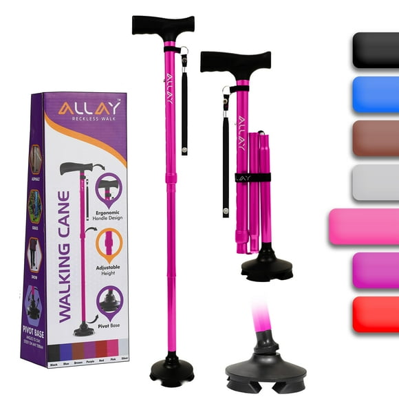 Bastón Allay para hombre y mujer: plegable, ajustable y plegable para personas mayores, con equilibrio, de pie, punta pivotante, resistente, con bolsa de viaje | Bastones para personas mayores - Rosa