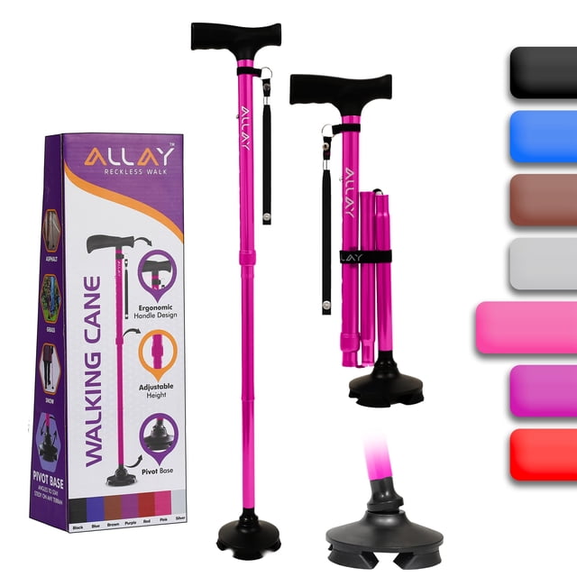 Bastón Allay para hombre y mujer: plegable, ajustable y plegable para personas mayores, con equilibrio, de pie, punta pivotante, resistente, con bolsa de viaje | Bastones para personas mayores - Rosa