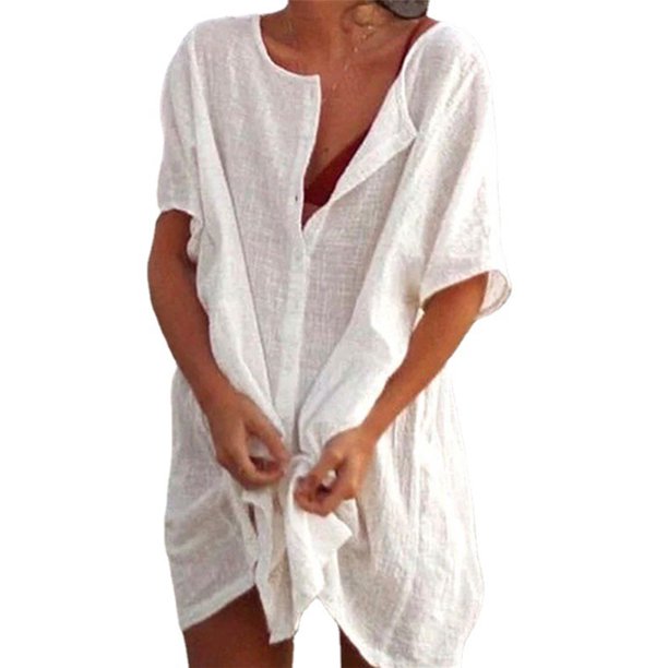 Softmallow Women's Loose Swimsuit Cover up Shirt Dress Short Sleeve