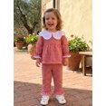 thumbnail image 5 of RUINIXCW Toddler Baby Girl Fall Outfits Casual Plaid Doll Collar Long Sleeve Tops with Ruffled Trim Pants 2 Pcs Set, 5 of 9