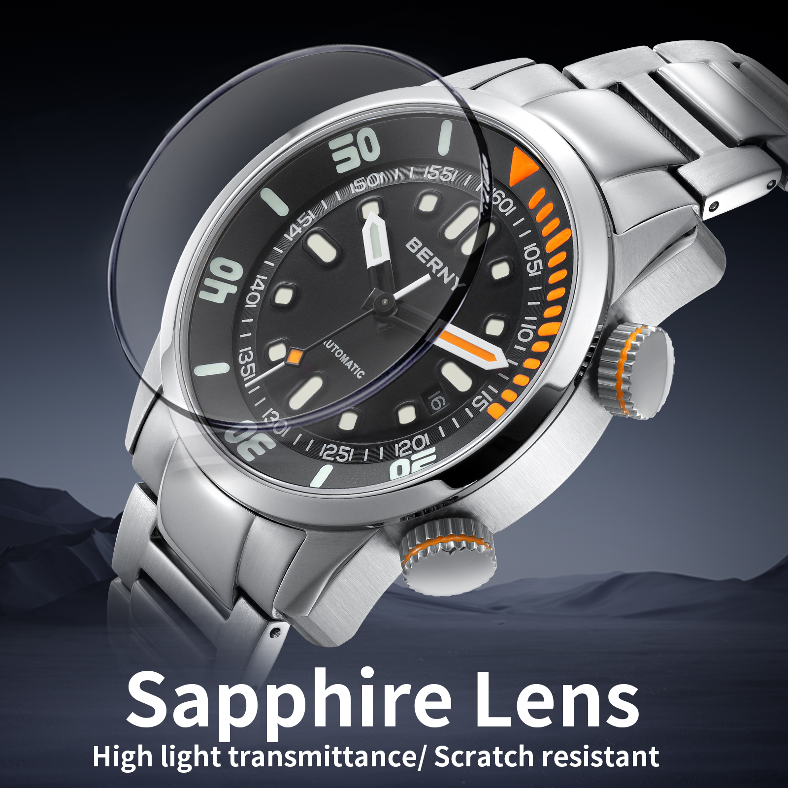 BERNY Automatic Dive Watches for Men, Sport 20ATM Waterproof Analog Mechanical Watch with Date, Super Luminous, Stainless Steel, Sapphire Crystal, Fashion Men's Pro Diver Watch (Black)