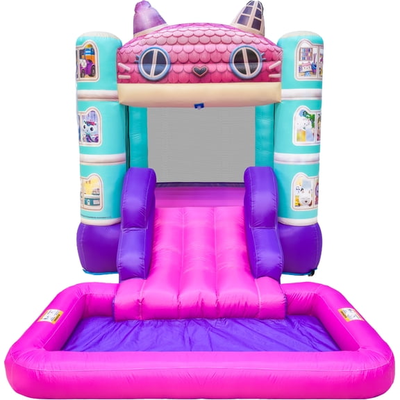 Funormous Official Gabby's Dollhouse Bounce House Water Slide with Pool & Ball Pit, Inflatable Bouncer for Kids Ages 3–8 with Basketball Hoop, Water Misting System, Blower & Carry Bag