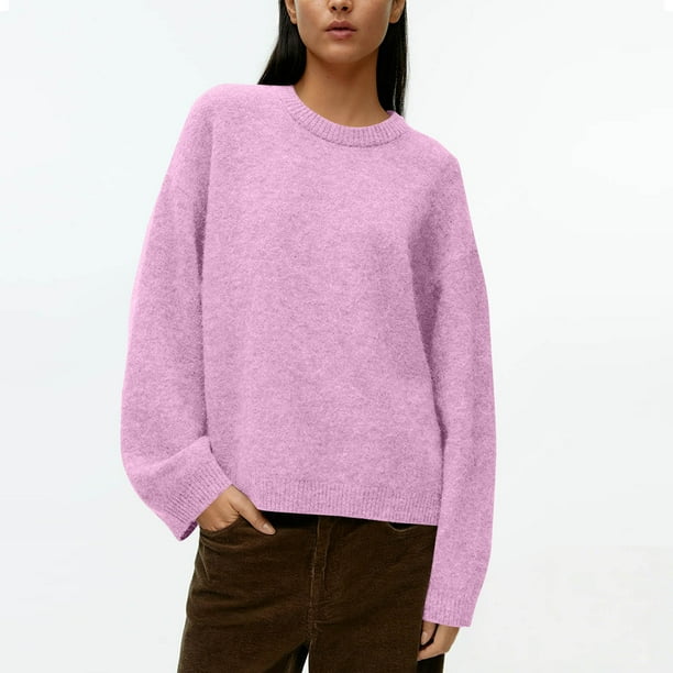 Suéter de cuello redondo para mujer, otoño e invierno, suelto, color sólido, manga larga, cuello redondo, suéter, top de acrílico para mujer