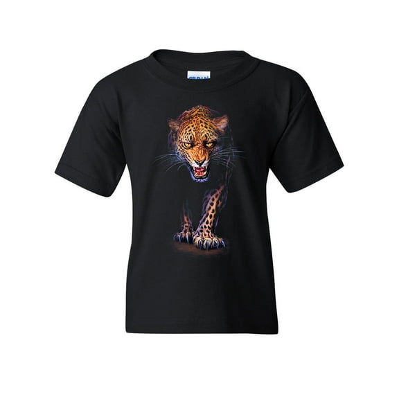 Tee Hunt Prowling Leopard Youth T-Shirt Claws and Fangs Wild Africa Big Cat Kids Tee