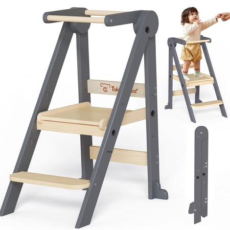 Foldable Toddler Tower, Kitchen Kids Step Stool Helper, Standing Tower with 3 Adjustable Heights, Gray&Nature