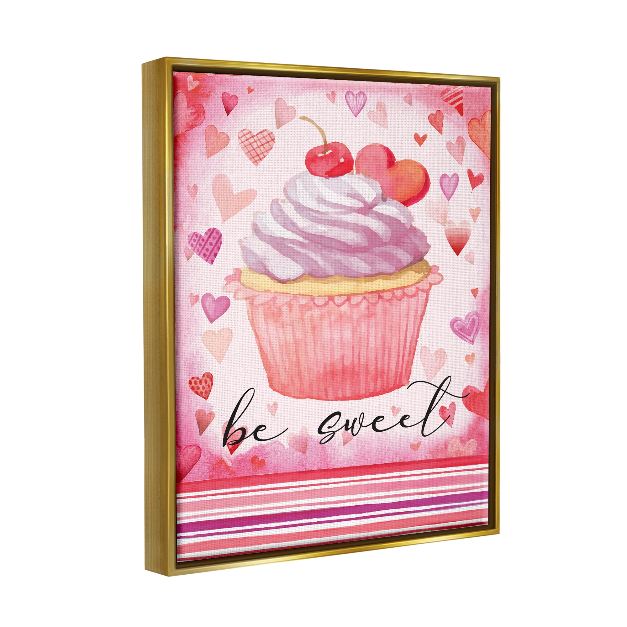 Stupell Be Sweet Romantic Hearts Cupcake Holiday Painting Gold Floater Framed Art Print Wall Art