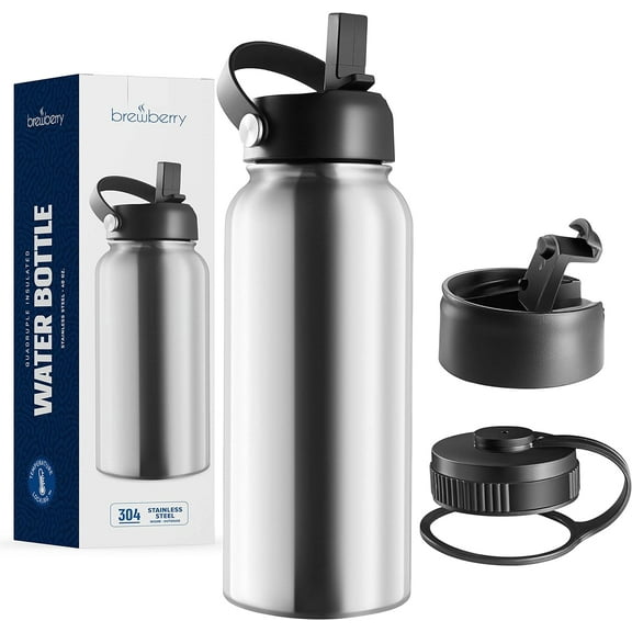 Brewberry Stainless Steel Sports Bottle and Travel Mug for Hot and Cold Beverages, Wide Mouth, Double Wall Insulated Hydration Sports Water Bottle for Hiking, Biking, and Activities, 40 oz BPA Free