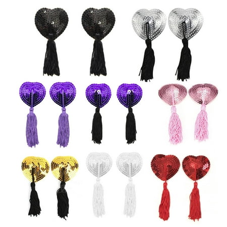

Hopeup 8 Pair Nipple Covers Sequins Shiny Heart Shape Nippleless Stickers Tassels Self-Adhesive Invisible Chest Pads for Home