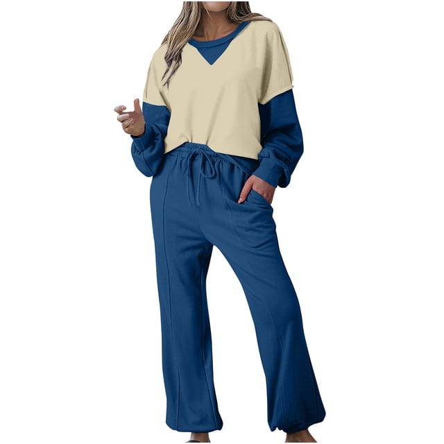 Posijego Ensemble de Survêtement pour Femmes 2 Pcs à Blocs de Couleur Col Rond Chandail Chandails en Molleton Pantalons Tenues de Détente