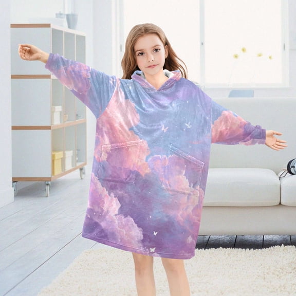 Colorful Pastel Clouds Oversized Wearable Blanket Hoodie Sweatshirt Flannel for Unisex Girls Boys