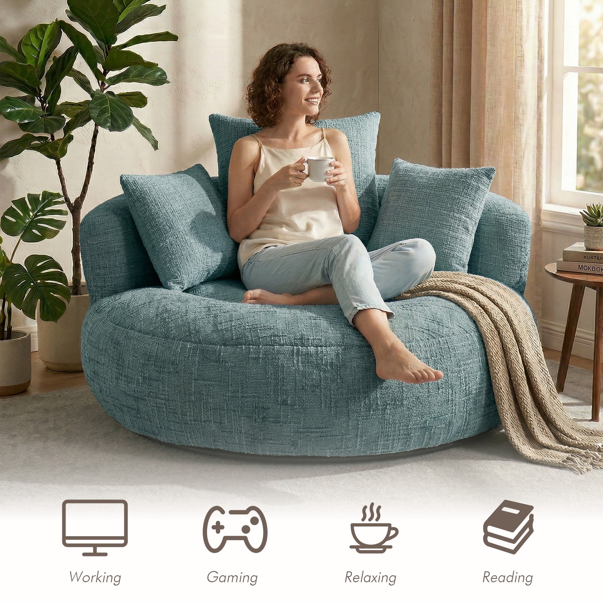 MOONMISS Oversized Bean Bag Chair, Chenille Lazy Bean Bag Sofa with Wrap-Around Backrest & Pillows for Living Room,Teal Blue
