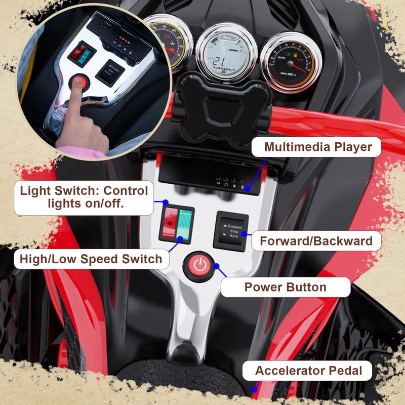 RCB 12V Electric Ride-On,Dual Motors,Music,Up to 5 mph,3 Wheel ATV Style for Kids Ages 3+,Red