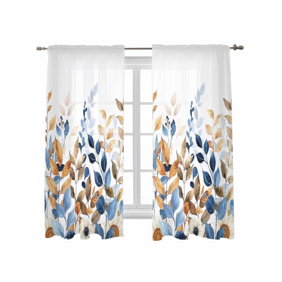 Orange Blue Botanical Curtains 72 Inch Length, Sheer Curtains for Bedroom Living Room Window Fall Eucalyptus Leaves Rod Pocket Voile Drapes Kitchen Curtains Small Half Window 52"x72" 2 Panels
