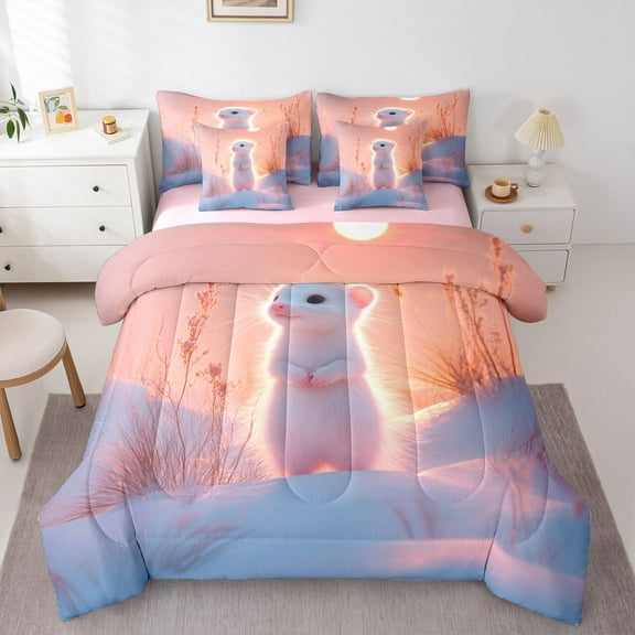 Homewish 3D Pink Meerkat Twin Bedding Sets 7-Piece, Jungle Winter Animal Bedding Comforter Set, Teens Kids Boys Girls Reversible Sheet Sets, Super Cozy Room Decor