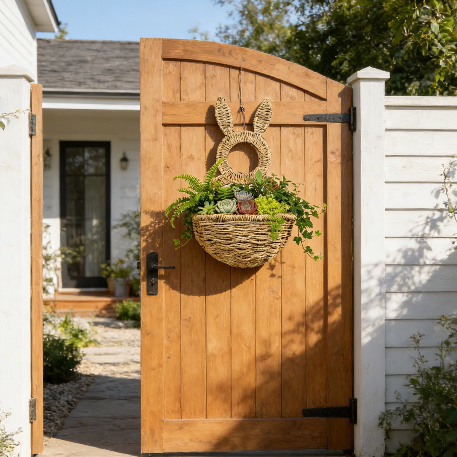 Hand Woven Wicker Bunny Wall Pocket & Planter - 15.75 Inch Easter Door Hanging Decor, Farmhouse Wall Basket for Flowers, Eggs, Spring Greenery, Easter Decoration