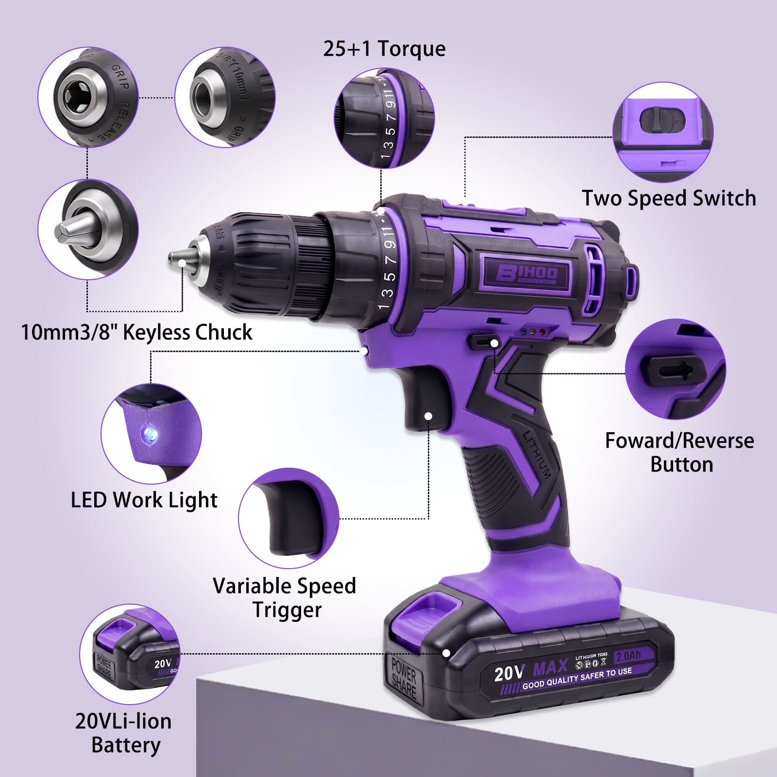 20V Purple Power Drill,Electric Drill Cordless with Battery and Charger,3/8-Inch Keyless Chuck, Variable Speed,with Drills Bits Set
