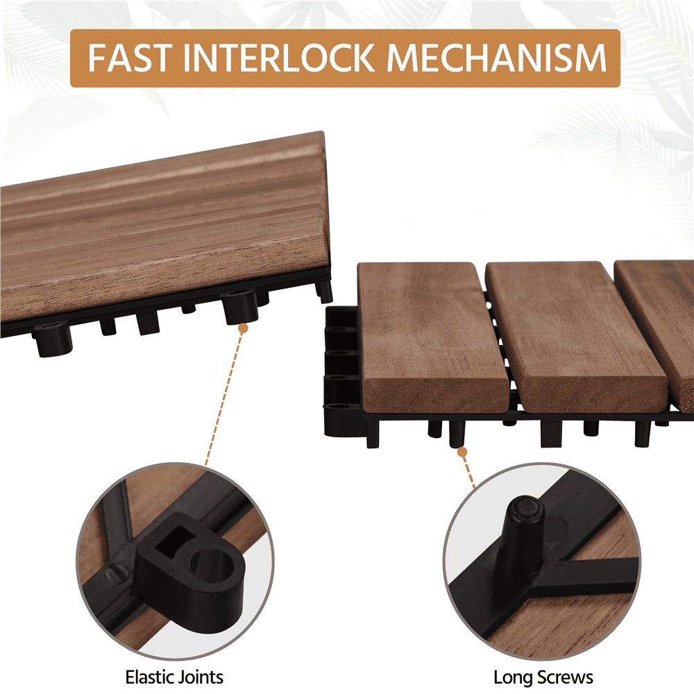 Renwick Wood Interlocking Flooring Tiles for Patio Garden Deck, Pack of 27, Brown