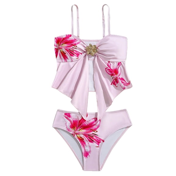 Ruyang Bikini Swimsuit for Girls Floral Cutout Waist Spaghetti Strap Tops and Brief Bottom Teens Stretchy Quick Dry Beach Bathing Suit