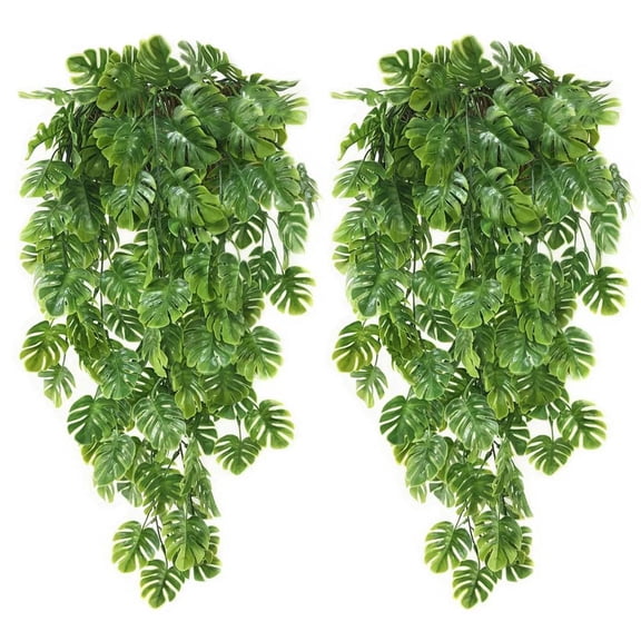 2 Packs Artificial Monstera Leaves Hanging Vines 2.6ft Total, Fake Hanging Plants Palm Leaf Greenery Garland for Jungle Safari Baby Shower Luau Party Wedding