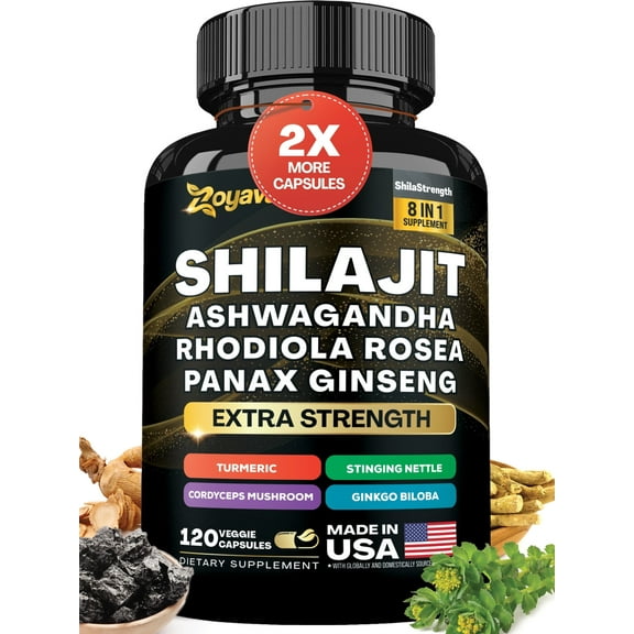 Shilajit 9000 Panax Ginseng 1500MG Ashwagandha 2000MG Rhodiola Rosea 1000MG, Turmeric 500MG, Gingko Biloba 500MG, Stinging Nettle 250MG, Cordyceps Mushroom 500MG (15,250 MG - 120 Caps)