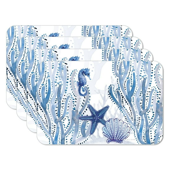 CounterArt "Indigo Coastal" 4 Pack Reversible Flexible Plastic Tabletop Placemats