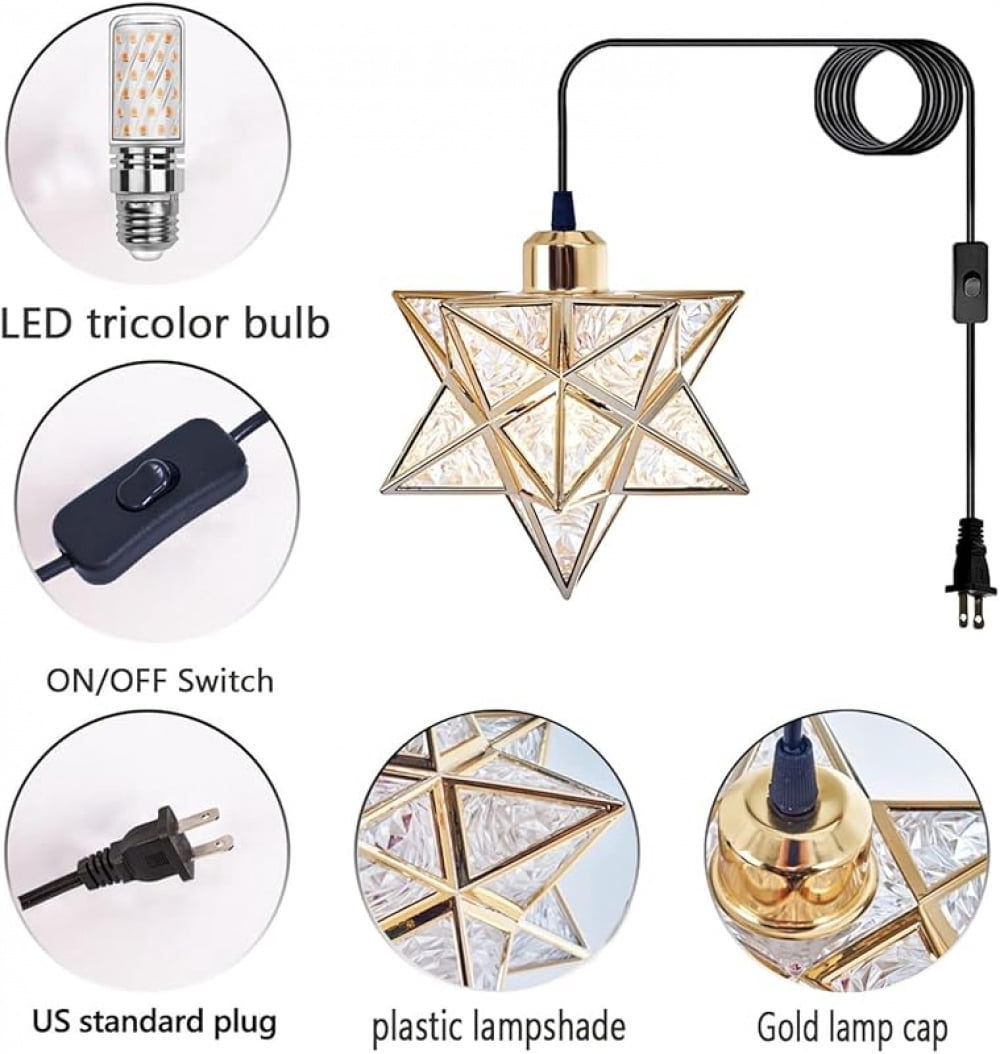 Gold Farmhouse Pendant Lights Kitchen Island,Indoor Plug in Hanging Light Fixture with 16.5ft Cord and Switch,Moravian Star Lights for Bedroom Hallway Porch Etc(LED Bulb Include)